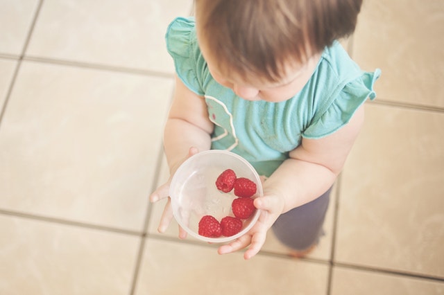 child indoors holding rasperries