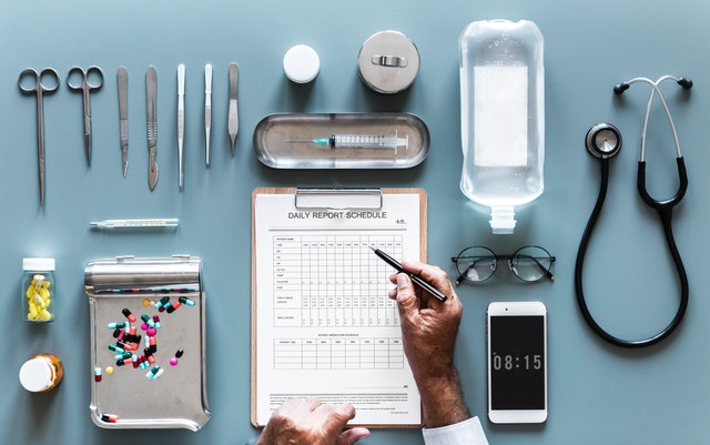 medical supplies arranged on table